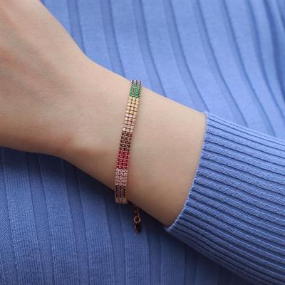 3 Sıra Renkli Zirkon Taşlı İnce Rose Gold Kaplama Su Yolu Gümüş Bileklik
