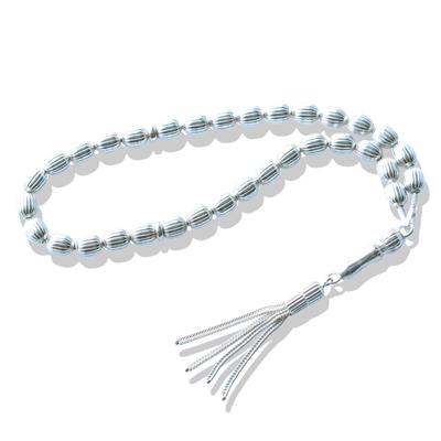 4 Püsküllü Çizgili Arpa Kesim 925 Ayar Gümüş Tesbih