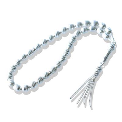 4 Püsküllü Çizgili Arpa Kesim 925 Ayar Gümüş Tesbih