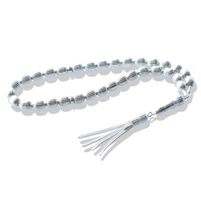 4 Püsküllü Çizgili Arpa Kesim 925 Ayar Gümüş Tesbih