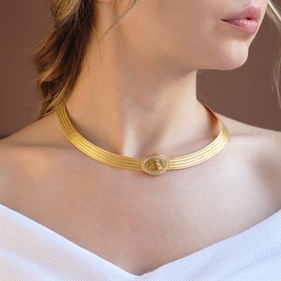 925 Ayar Gümüş Üzeri Gold Kaplama Osmanlı Tuğralı 5 Sıra Trabzon Gerdanlık