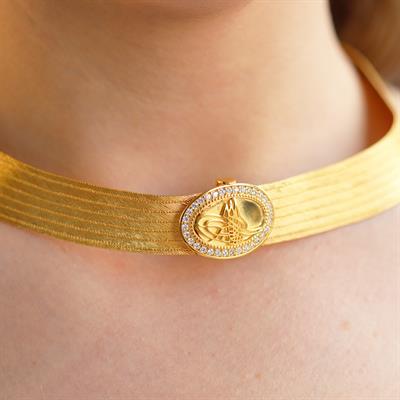 925 Ayar Gümüş Üzeri Gold Kaplama Osmanlı Tuğralı 7 Sıra Gümüş Trabzon Gerdanlık