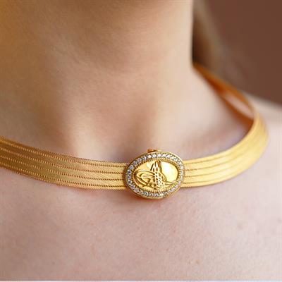 925 Ayar Gümüş Üzeri Gold Kaplama Osmanlı Tuğralı 5 Sıra Trabzon Gerdanlık