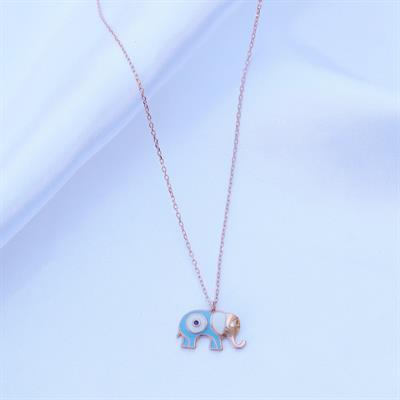 Açık Mavi Mine İşli Rose Gold Kaplama Bereket Fili Gümüş Kolye