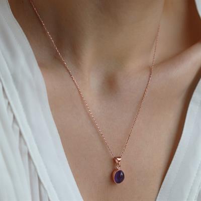 Ametist Doğal Taş Rose Gold Kaplama Gümüş Kolye