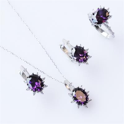 Ametist Taşlı Elips Lotus Çiçeği Gümüş Set