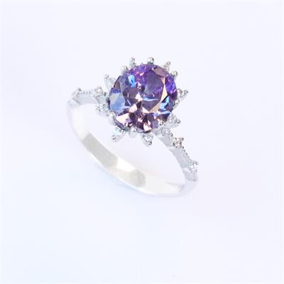 Ametist Taşlı Elips Lotus Çiçeği Gümüş Yüzük