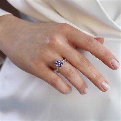 Ametist Taşlı Elips Lotus Çiçeği Gümüş Yüzük