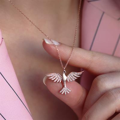 Anka Kuşu Zirkon Taşlı Rose Gold Kaplama Gümüş Kolye