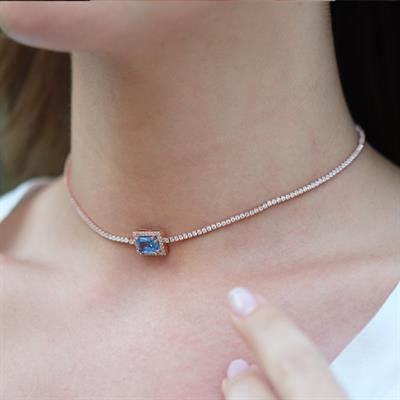 Aquamarin Taşlı Rose Gold Kaplama Choker Gümüş Kolye