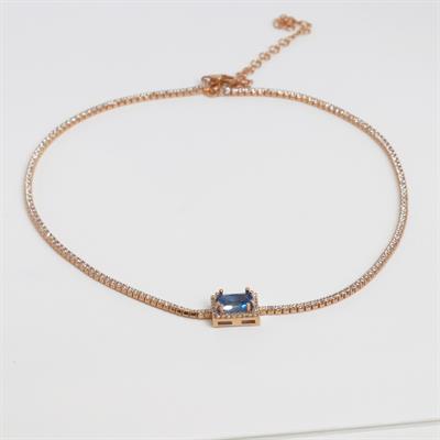 Aquamarin Taşlı Rose Gold Kaplama Choker Gümüş Kolye