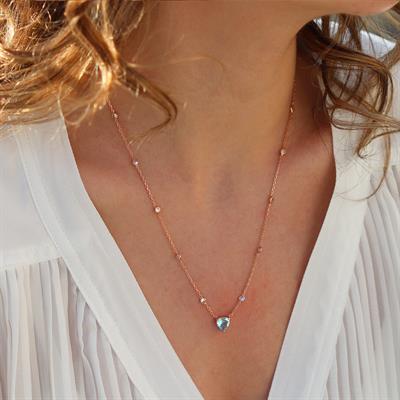 Aquamarin Taşlı Rose Gold Kaplama Sevgili Kalp Gümüş Kolye