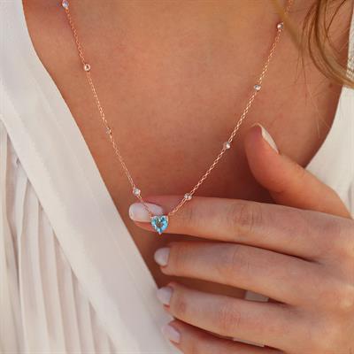 Aquamarin Taşlı Rose Gold Kaplama Sevgili Kalp Gümüş Kolye