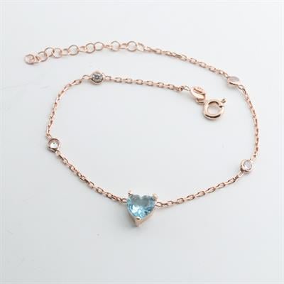Aquamarin Taşlı Rose Gold Kaplama Sevgili Kalp Gümüş Bileklik