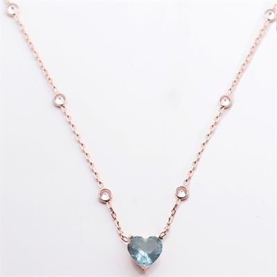 Aquamarin Taşlı Rose Gold Kaplama Sevgili Kalp Gümüş Kolye