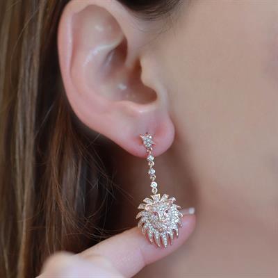 Aslan Başlı Zirkon Taşlı Rose Gold Kaplama Gümüş Küpe