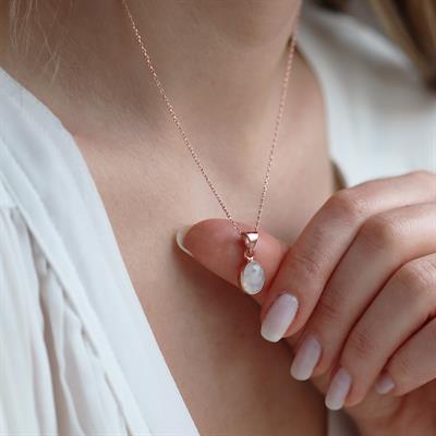 Ay Taşlı Rose Gold Kaplama Doğal Taş Gümüş Kolye