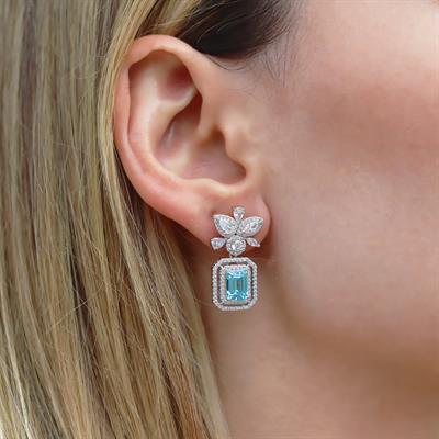 Baget Çiçekli Aquamarine Taşlı Gümüş Küpe