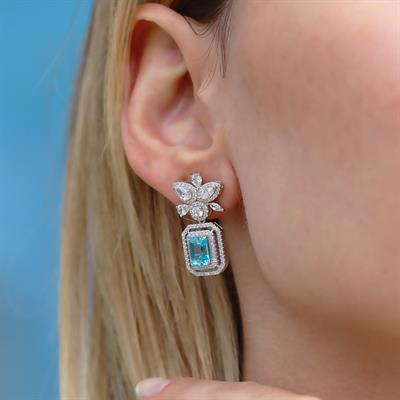 Baget Çiçekli Aquamarine Taşlı Gümüş Küpe