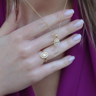 Baget Kesim Oval Montürlü Zirkon Taşlı Gold KaplamaGümüş Set