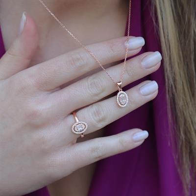 Baget Kesim Oval Montürlü Zirkon Taşlı Rose Gold Kaplama Gümüş Set
