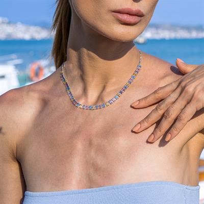 Baget Kesim Renkli Zirkon Taşlı Trend Gümüş Kolye