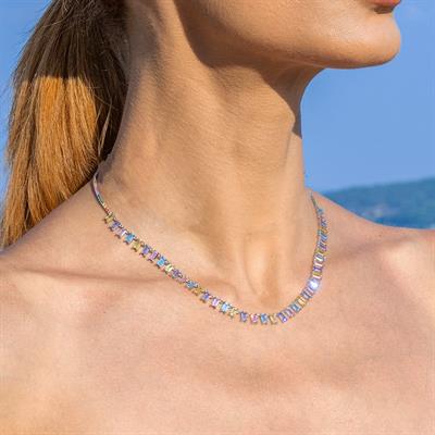 Baget Kesim Renkli Zirkon Taşlı Trend Gümüş Kolye