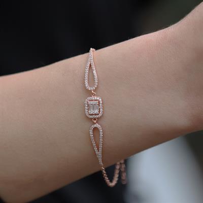 Baget Kesim Zirkon Taşlı Rose Gold Kaplama Gümüş Bileklik
