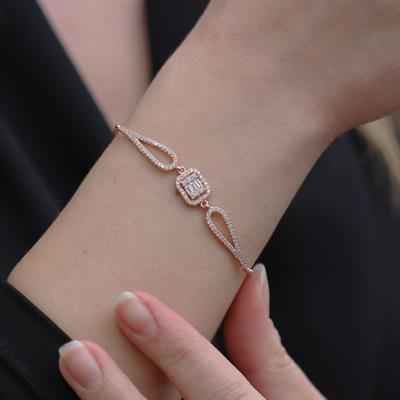 Baget Kesim Zirkon Taşlı Rose Gold Kaplama Gümüş Bileklik