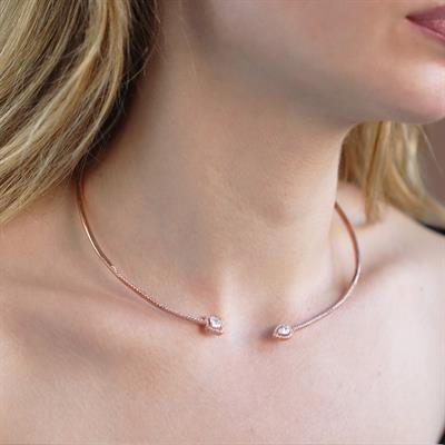 Baget ve Damla Taşlı Rose Gold Kaplama Choker Gümüş Kolye