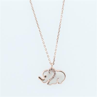 Beyaz Mine İşli Rose Gold Kaplama Bereket Fili Gümüş Kolye