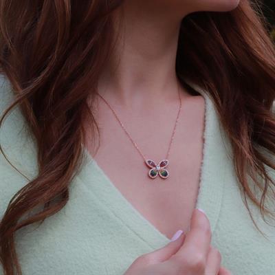 Beyaz Zirkon Taşlı Renkli Kelebek Model Rose Gold Kaplama Gümüş Kolye