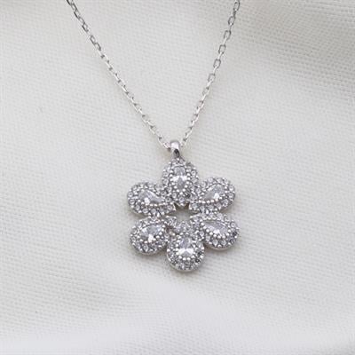 Çiçek Modeli Zirkon Taşlı Gümüş Kolye