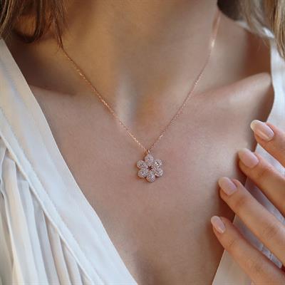 Çiçek Modeli Zirkon Taşlı Rose Gold Kaplama Gümüş Kolye