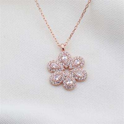 Çiçek Modeli Zirkon Taşlı Rose Gold Kaplama Gümüş Kolye