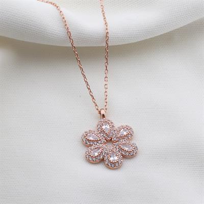 Çiçek Modeli Zirkon Taşlı Rose Gold Kaplama Gümüş Kolye