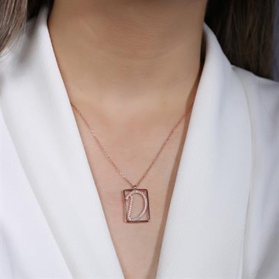 D Harfi Zirkon Taşlı Rose Gold Kaplama Çerçeveli Gümüş Kolye