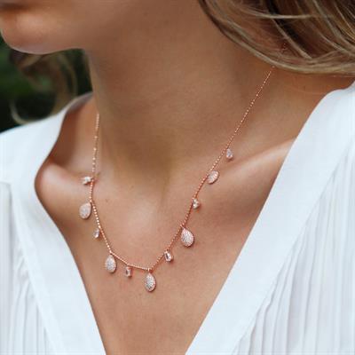 Damla Zirkon Taşlı Rose Gold Kaplama Gümüş Trend Kolye