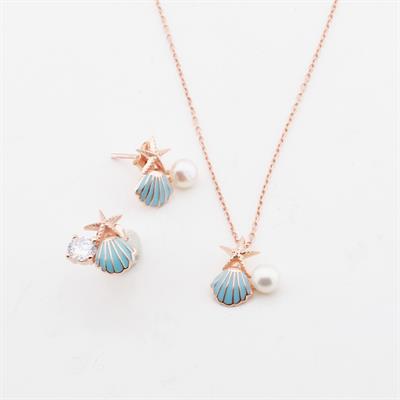 Deniz Yıldızı İnci ve Tek Taş Detaylı Rose Gold Kaplama Gümüş Set