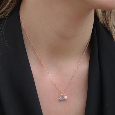 Deniz Yıldızı İnci ve Tek Taş Detaylı Rose Gold Kaplama Gümüş Set