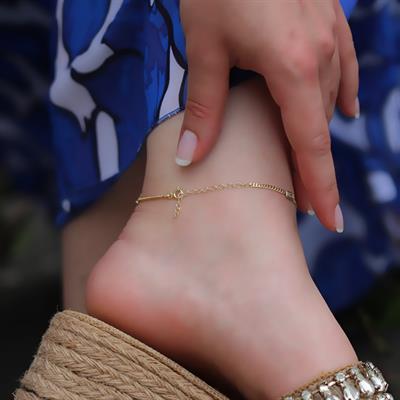 Dikdörtgen Zirkon Taşlı Gold Kaplama Gümüş Zincir Halhal