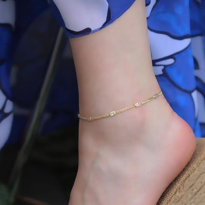 Dikdörtgen Zirkon Taşlı Gold Kaplama Gümüş Zincir Halhal