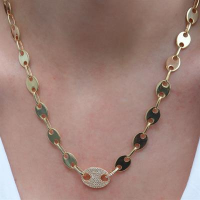Düğme Modeli Zirkon Taşlı Gold Kaplama Gümüş Zincir Kolye