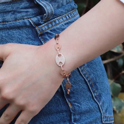 Düğme Modeli Zirkon Taşlı Rose Gold Kaplama Gümüş Set