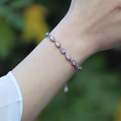 Elmas Montür Rose Gold Kaplama Zirkon Taşlı Asansörlü Gümüş Bileklik