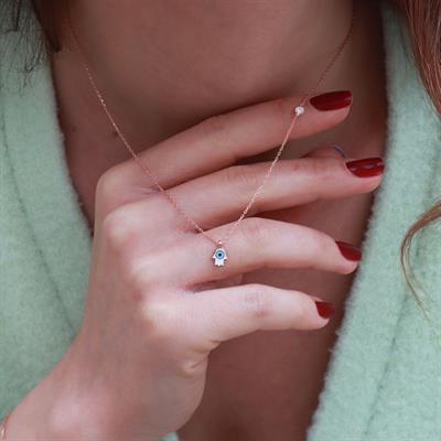 Fatma Ana El Figürlü Zirkon Taşlı Mine İşli Rose Gold Kaplama Gümüş Set