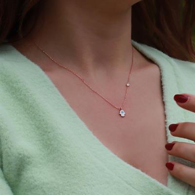 Fatma Ana El Figürlü Zirkon Taşlı Mine İşli Rose Gold Kaplama Gümüş Set