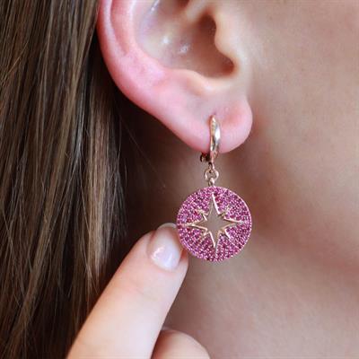 Fuşya Zirkon Taşlı Kutup Yıldızı Yuvarlak Rose Gold Kaplama Gümüş Küpe