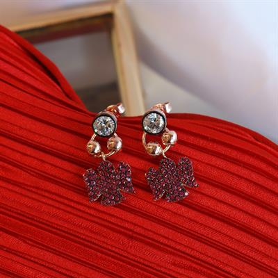 Fuşya Zirkon Taşlı Mini Melek Figürlü Rose Gold Kaplama Gümüş Küpe
