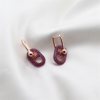 Fuşya Zirkon Taşlı Rose Gold Kaplama Düğme Gümüş Küpe